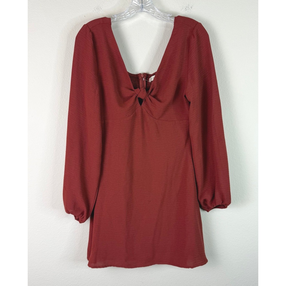 Altar'd State Mini Dress Womens Medium Rust Orange Long Sleeve Knot Cottage